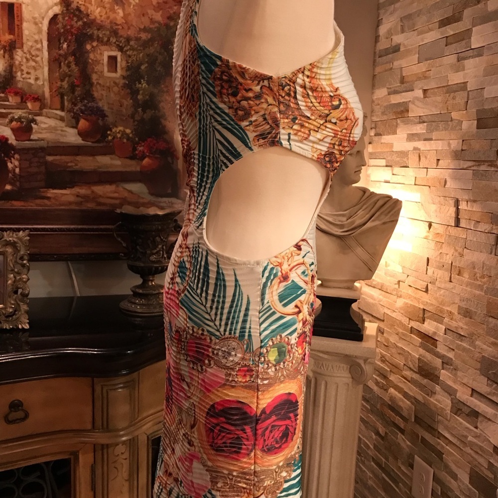 Symphony White Baroque Print Bodycon Dress Side Cutout Sleeveless Dress Size L - Picture 2 of 6